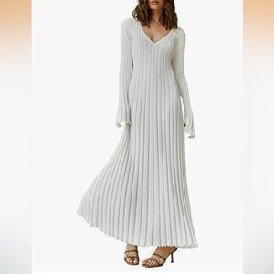 Knit White Pleated Dress with Bell Sleeves